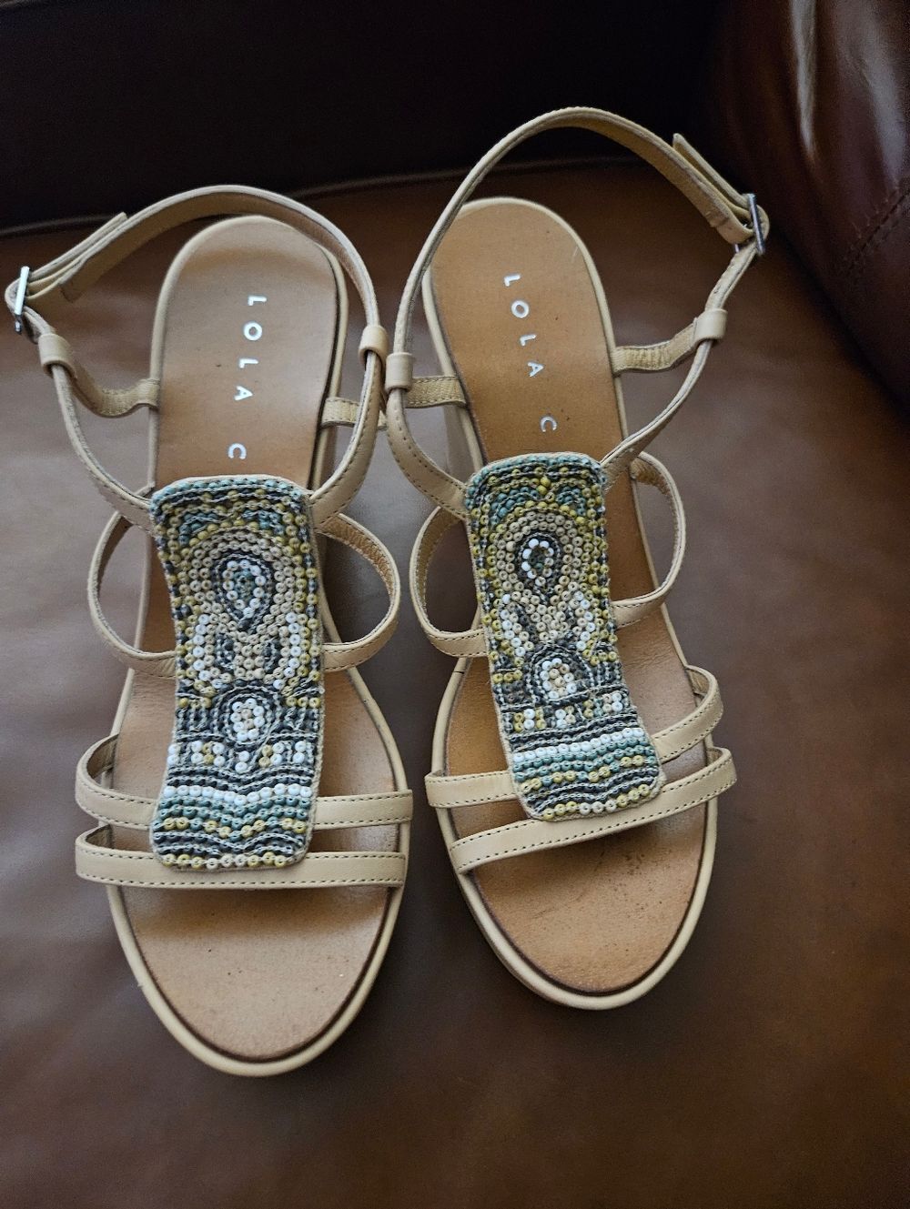 Lola Cruz Wedges Beige Beaded Sandals Barely Used 39
